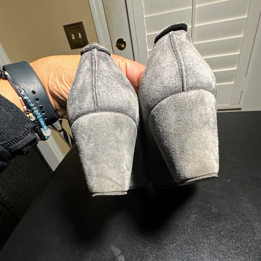 Anyi Lu gray suede sedge peep toe  bootie shoe